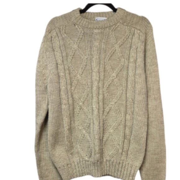 Vintage Men's Classic Cable Knit Crewneck Sweater Unisex Size Large Tan - Picture 2 of 11